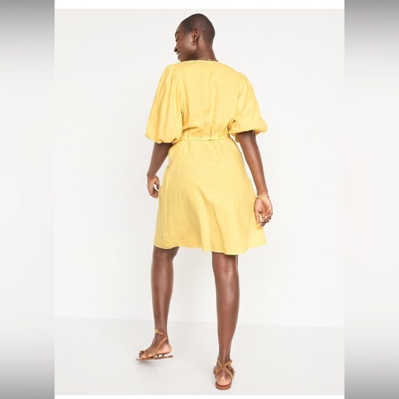 Old Navy Linen Waist Define Puff Sleeve Wrap Dress Morning Sun - Picture 9 of 15